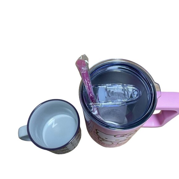 HELLO KITTY PINK TUMBLER WITH STRAW & HANDLE 2 PC SET COFFEE MUG RAINBOW BOWS - Picture 3 of 5